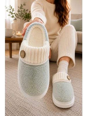 Nmoda Kadın Ev Terliği Peluş Kürklü Düğme Detaylı Dolgu Tabanlı Sessiz Yumuşak Kışlık Panduf Terlik