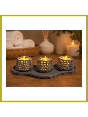 Bezos 3D Baskı Dekoratif Mumluk Seti - Desenli Tealight ve Masaüstü Aydınlatma Objesi-Gri Bcks