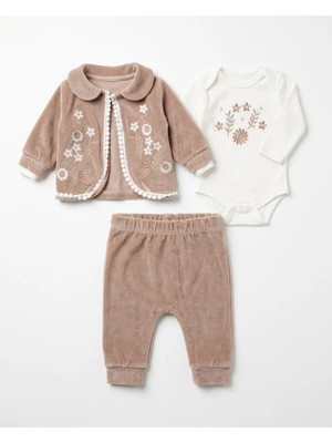 Pakel 3'lü Çiçek Nakışlı Kız Bebek Takım Kadife %100 Pamuklu Baskılı Zıbınlı Body 0-3 Ay 3-6 Ay 6-9 9-12  Ay Yeni Doğan Bebek Takımı Ceket+Pantolon +Zıbın