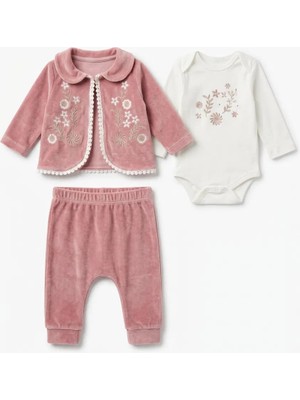Pakel 3'lü Çiçek Nakışlı Kız Bebek Takım Kadife %100 Pamuklu Baskılı Zıbınlı Body 0-3 Ay 3-6 Ay 6-9 9-12  Ay Yeni Doğan Bebek Takımı Ceket+Pantolon +Zıbın