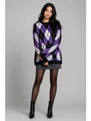 West Club Argyle Desenli Oversize Triko Kazak Mor