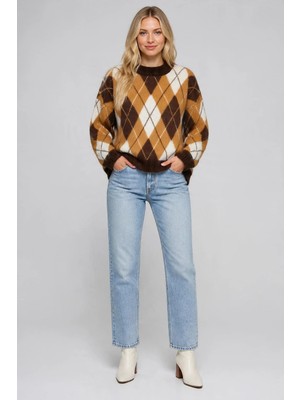 West Club Argyle Desenli Oversize Triko Kazak Kahverengi