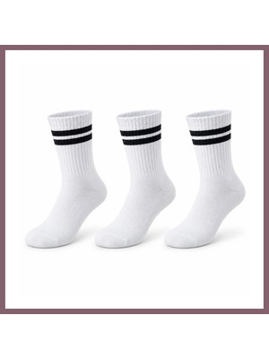 Bezos Unisex Beyaz Çorap Siyah Çizgili 3'lü Set Uzun Soket Günlük Spor Kolej Stil Rahat Kadın Erkek Çorabı Bzss