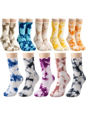 Timion Unisex Batik Spor Çorap 10'lu Set Tie Dye Tenis Çorabı Koyu Retro Renkler Günlük Rahat Konforlu Stil