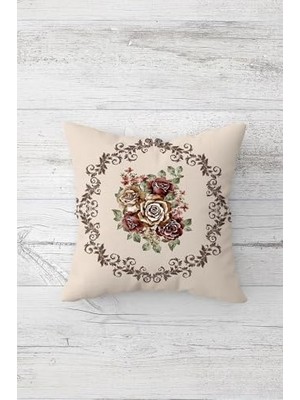 Bej Vintage Çemberde Gül Buketi Çift Taraflı Gizli Fermuarlı Yastık Kırlent Kılıfı, Krem-Kahve 45 x 45