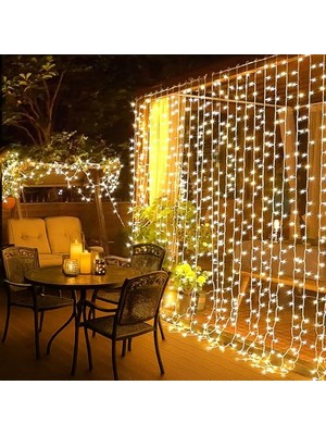 300 LED Işık Perdesi 3x3 Metre Sıcak Beyaz USB Bağlantılı, 8 Farklı Işık Modlu