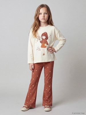 LC Waikiki Lcw Kids Ekru Bisiklet Yaka Baskılı Kız Çocuk Takım