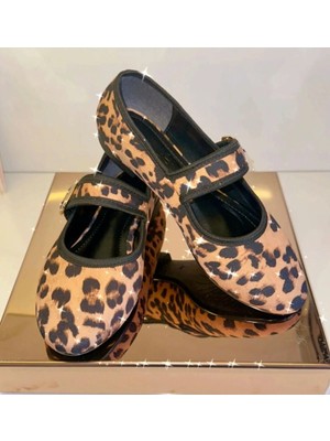 Purple Shoes Leopar Desen Gold Tokalı Bantlı Babet