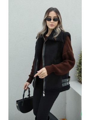 Moda Durağı Kadın Içi Kürklü Süet Deri Görünümlü Yelek Siyah