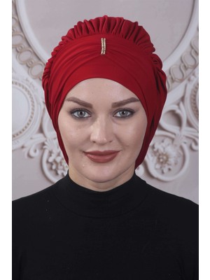 Mestore Dökümlü Taşlı Hazır Bone  Kırmızı