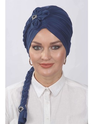 Mestore Çiçekli Örgülü Hazır Bone  Indigo