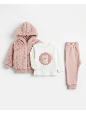Pakel Ayıcık Nakışlı 3'lü Kız Bebek Takım Welsoft Peluş %100 Pamuk Kumaş 3-6 Ay 6-9 Ay 9 -12 Ay 12-18 Ay Bebek Takım Ceket+Uzun Kollu Body+Pijama Yenidoğan Bebek Takım