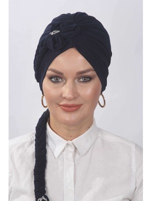 Mestore Çiçekli Örgülü Hazır Bone  Lacivert