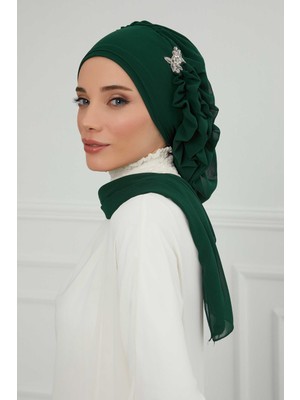 Mestore Yandan Fırfırlı Gümüş Aksesuarlı Şifon Hazır TÜRBAN,HT-106,HT-106 Koyu Yeşil