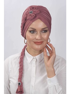 Mestore Çiçekli Örgülü Hazır Bone  Gül Kurusu