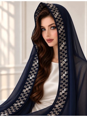 Ceylan Collection Mevlüt Örtüsü - Tel Kırma El Işlemeli Lacivert Şifon Mevlüt Örtüsü - Lüks ve Özel Tasarım 75×150