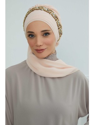 Mestore Taş Aksesuarlı Tasarım Şifon Hazır TÜRBAN,HT-101,HT-101 Bej-Gold