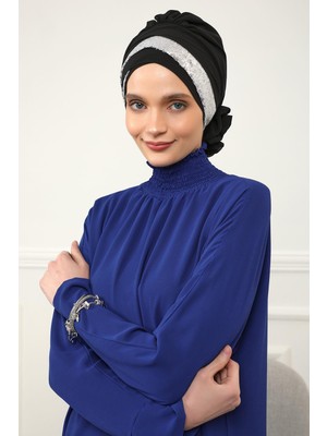 Mestore Parlak Payetli Özel Tasarım Şifon Hazır TÜRBAN,HT-47P Siyah - Gümüş