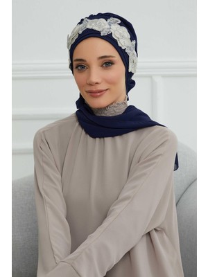 Mestore Çiçekli Taç Aksesuarlı Şifon Hazır TÜRBAN,HT-103,HT-103 Lacivert-Gümüş