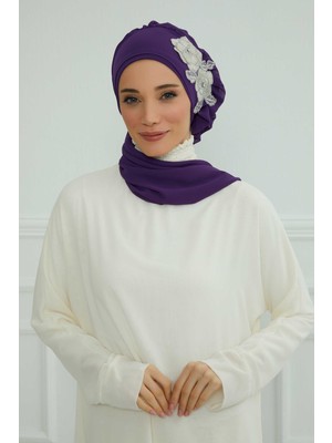 Mestore Yandan Fırfırlı Çiçek Aksesuarlı Şifon Hazır TÜRBAN,HT-102,HT-102 Mor-Gümüş
