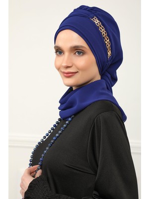 Mestore Gold Aksesuarlı Tasarım Şifon Hazır Türban,ht-28,ht-28 Saks Mavisi