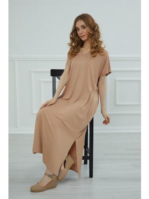 Mestore Yırtmaçlı Uzun Elbise,elb-3 Sütlü Kahve