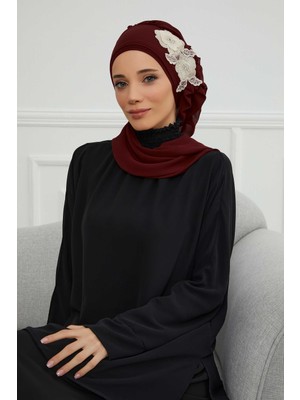 Mestore Yandan Fırfırlı Çiçek Aksesuarlı Şifon Hazır TÜRBAN,HT-102,HT-102 Bordo-Gold