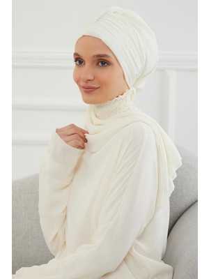 Mestore Renkli Taş Aksesuarlı Şifon Hazır Türban,ht-51,ht-51 Krem