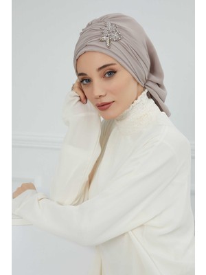 Mestore Pileli Taş Çiçek Aksesuarlı Şifon Hazır TÜRBAN,HT-105,HT-105 Vizon
