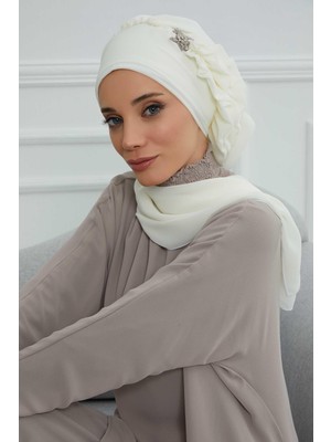 Mestore Yandan Fırfırlı Gümüş Aksesuarlı Şifon Hazır TÜRBAN,HT-106,HT-106 Krem