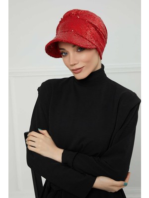 Mestore Siperlikli Payetli Şapka BONE,B-73P Kırmızı