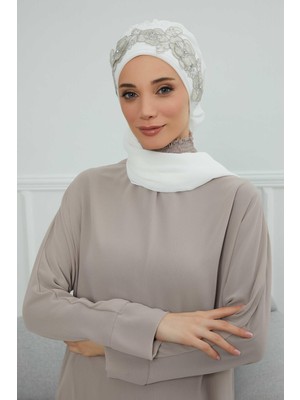 Mestore Çiçekli Taç Aksesuarlı Şifon Hazır TÜRBAN,HT-103,HT-103 Kırık Beyaz-Gümüş