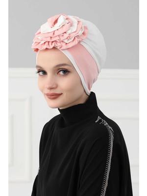 Mestore Çift Renkli Güllü Bone,b-28 Pudra - Krem
