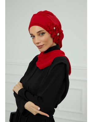 Mestore Taş Aksesuarlı Özel Tasarım Şifon Hazır Türban,ht-8 Kırmızı