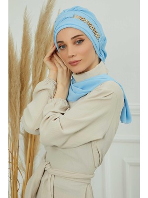 Mestore Gold Aksesuarlı Tasarım Şifon Hazır Türban,ht-28,ht-28 Bebe Mavisi