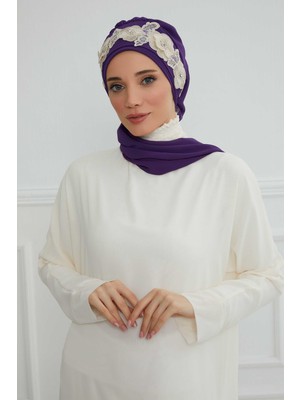 Mestore Çiçekli Taç Aksesuarlı Şifon Hazır TÜRBAN,HT-103,HT-103 Mor-Gold