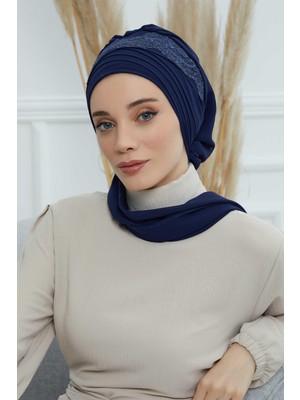 Mestore Dantel Aksesuarlı Fularlı Şifon Hazır Türban,ht-53,ht-53 Lacivert