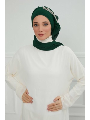Mestore Yandan Fırfırlı Taş Aksesuarlı Şifon Hazır TÜRBAN,HT-100,HT-100 Koyu Yeşil