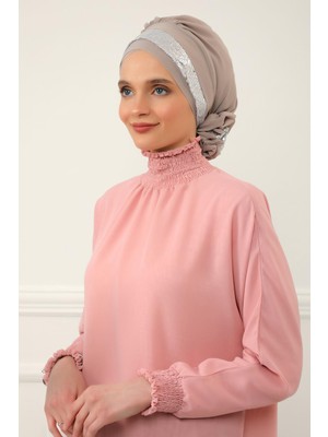 Mestore Parlak Payetli Özel Tasarım Şifon Hazır TÜRBAN,HT-47P Vizon - Gümüş