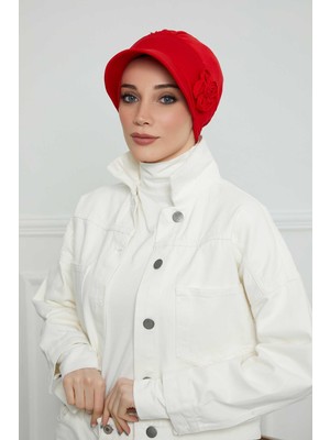 Mestore Siperlikli Çiçek Aksesuarlı Şapka Bone,b-72 Kırmızı