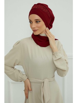 Mestore Dantel Aksesuarlı Fularlı Şifon Hazır Türban,ht-53,ht-53 Bordo