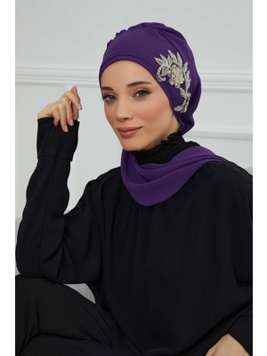 Mestore Yandan Taş Çiçek Aksesuarlı Şifon Hazır TÜRBAN,HT-104,HT-104 Mor
