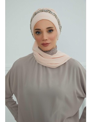 Mestore Taş Aksesuarlı Tasarım Şifon Hazır TÜRBAN,HT-101,HT-101 Bej-Gümüş