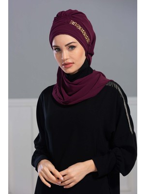 Mestore Gold Aksesuarlı Tasarım Şifon Hazır Türban,ht-28,ht-28 Mürdüm