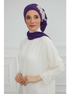 Mestore Yandan Fırfırlı Çiçek Aksesuarlı Şifon Hazır TÜRBAN,HT-102,HT-102 Mor-Gold