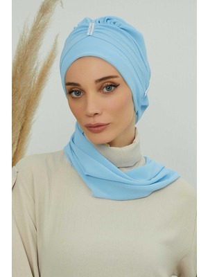 Mestore Renkli Taş Aksesuarlı Şifon Hazır Türban,ht-51,ht-51 Bebe Mavisi