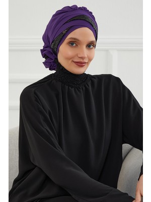 Mestore Parlak Payetli Özel Tasarım Şifon Hazır TÜRBAN,HT-47P Mor - Siyah