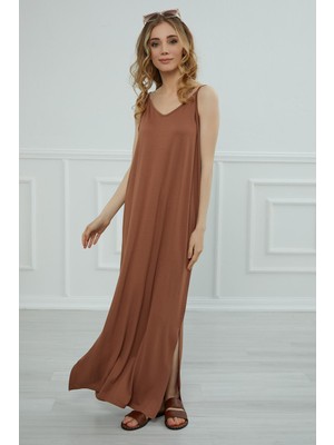 Mestore Askılı Uzun Elbise,elb-6 Koyu Kahverengi