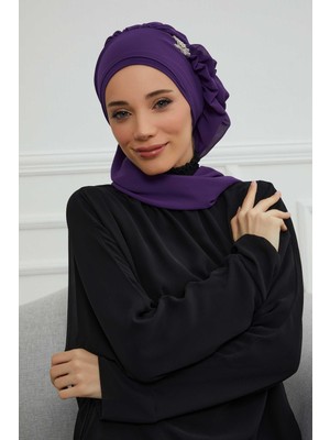 Mestore Yandan Fırfırlı Gümüş Aksesuarlı Şifon Hazır TÜRBAN,HT-106,HT-106 Mor