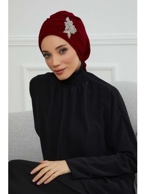 Mestore Pileli Taş Çiçek Aksesuarlı Şifon Hazır TÜRBAN,HT-105,HT-105 Bordo